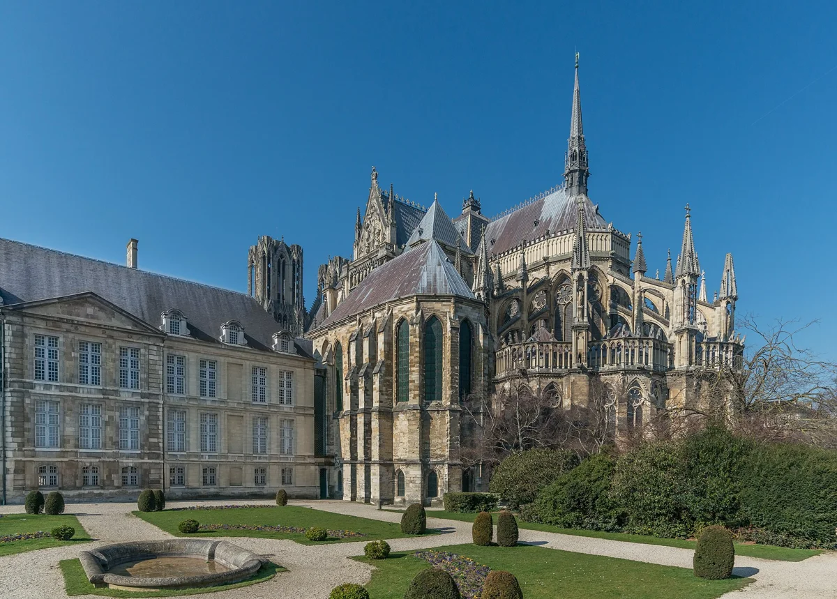 Reims Cathedral seen from the east on a day trip from Paris to Reims