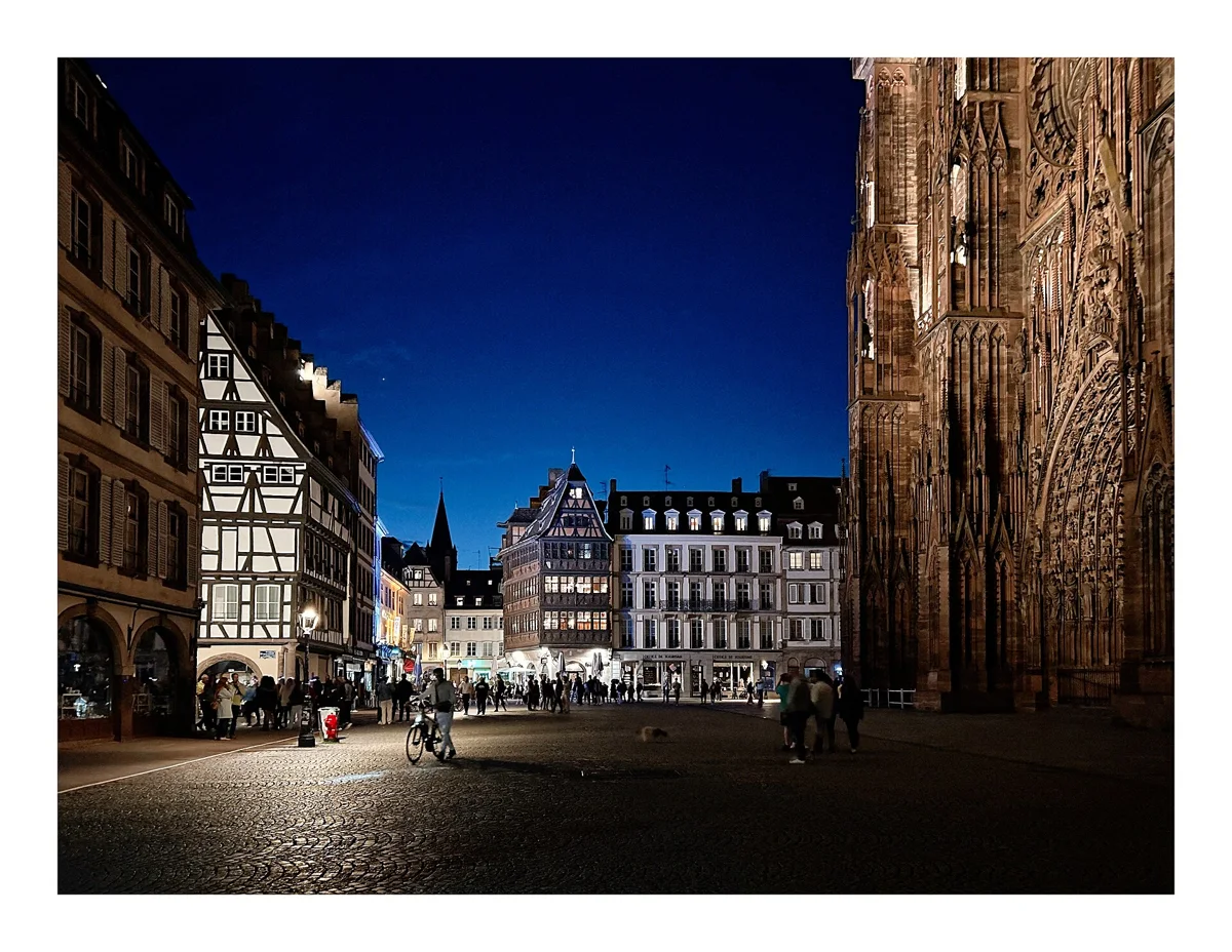 Strasbourg Cathedral square at dusk on a day trip from Paris